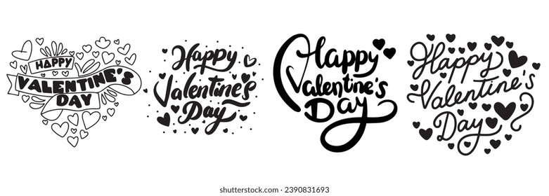 Collection of Happy Valentine's Day text banner. Handwriting Valentine's Day lettering set. Hand drawn vector art 