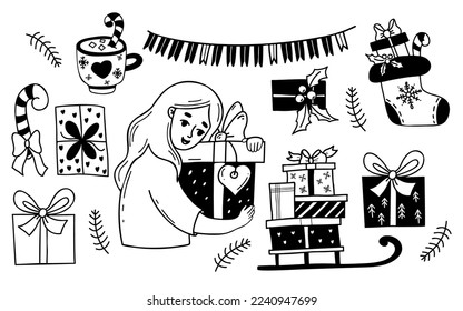 Collection happy woman with gifts, sleigh, christmas boot, dessert cup, garland and holiday boxes. Vector isolated drawings doodle. female character for design of holiday themes, New Year decorated