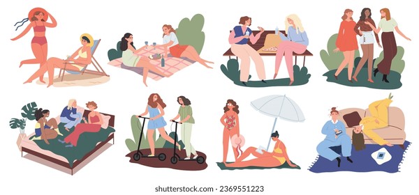 Collection happy women relaxing while enjoying the good weather. Vacation with friends at sea, at home, on a picnic. Spending time with loved ones outdoors. Vector flat illustration hand drawn.