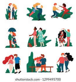 Collection of Happy Young Men and Women on Dates, Romantic Couples Walking, Embracing, Kissing and Holding hands, Happy Lovers on Date Vector Illustration