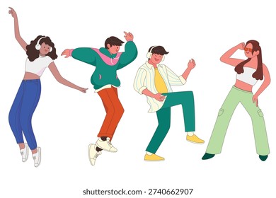 Collection of happy young people dancing and enjoying music. Modern character illustration isolated on white background, perfect for lifestyle, youth, and party themes