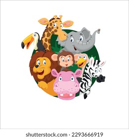 collection happy zoo card nature bird animal cartoon illustration isolated vector cute character background funny wild baby art set design fun giraffe drawing child lion