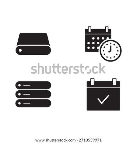 Collection of hard drive, list, calendar time, and success check mark filled icons.