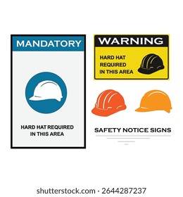 Collection of hard hat safety signs featuring mandatory and warning labels with helmet icons. Ideal for construction zones, workplaces, factories, and industrial safety signage.