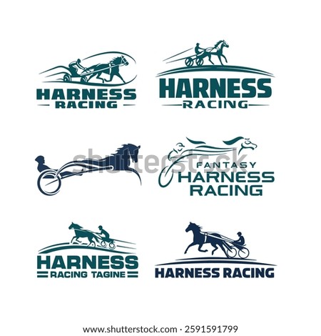 A collection of harness racing logos featuring powerful horses and traditional carriages (sulkies). These designs capture speed, elegance, and competitive spirit, ideal for racing teams, 