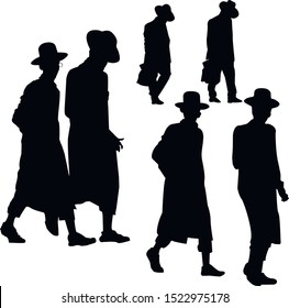 A collection of Hasidic Jews silhouettes. Jew in talit-katan and tzitzit. Religious Jew in traditional dress. The man in the hat. Isolated vector illustration black and white color.