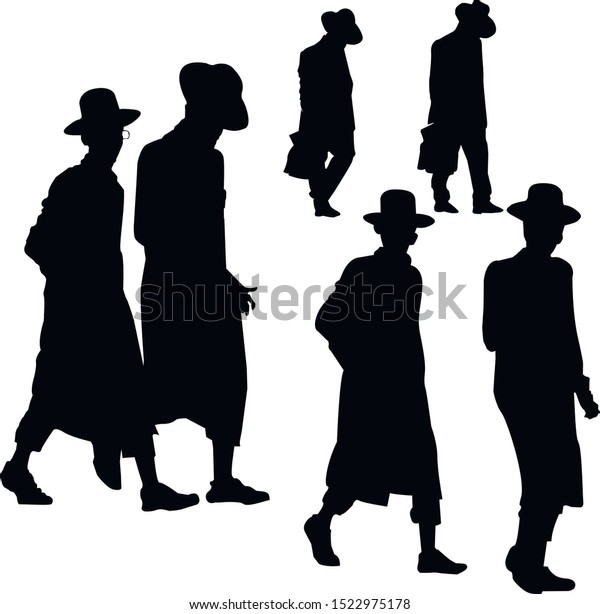 ハシディック系ユダヤ人のシルエットのコレクション タリット カタンとツィッチのユダヤ人 伝統的なドレスを着た宗教的なユダヤ人 帽子をかぶった男 白黒 のベクターイラスト のベクター画像素材 ロイヤリティフリー