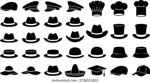 Collection of hat silhouettes including caps, chef hats, fedoras, cowboy hats, top hats, bucket hats