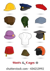 Collection of hats and caps icons, set 2. 12 vector headgear symbols