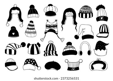 Collection hats doodles. Isolated hand drawings of headdresses. Vector illustration
