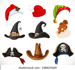 Collection of hats for a festive masquerade - Halloween, new year, carnival objects isolated on white background