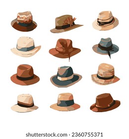Collection of hats in a grid, fedora, straw hat, travelers cap, sun hat and cowboy hat. Neutral colors. 