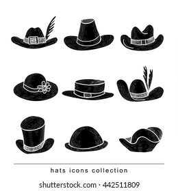  Collection of Hats, Hand Drawn.black