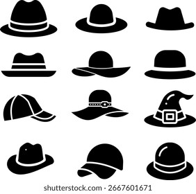 Colección de sombreros Iconos vectoriales | Varios estilos de sombrero Conjunto de siluetas para diseño de moda, emblemas y Elementos gráficos