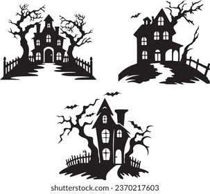 A Collection of Haunted House Silhouettes: Halloween Vector, Scary House Bundle Set at Night, and Bat House Logo