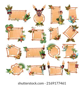 Collection of Hawaiian bamboo and papyrus banners. Backgrounds for text, decorated with exotic flowers, masks, torches.