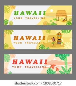 Collection of Hawaiian banners. Travelling, palms, woman, guitar, flower. Flat vector illustration can be used for invitations, posters and announcements
