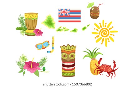 Collection of Hawaiian Traditional Objects, Coconut Cocktail, Turtle, Sun, Tiki Mask, Crab, Pineapple, Hibiscus Flower Vector Illustration