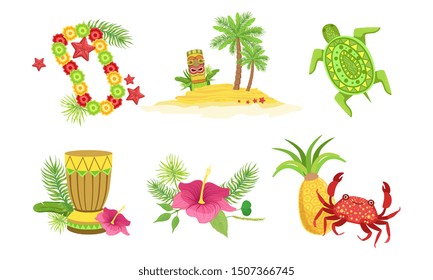 Collection of Hawaiian Traditional Objects, Flower Necklace, Palm Tree, Tiki Mask, Drum, Crab, Pineapple, Hibiscus Flower Vector Illustration