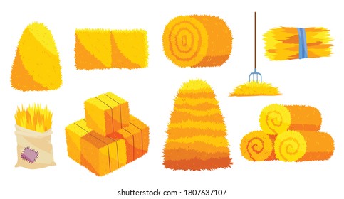 Collection of hays. Flat vector illustration dried haystacks with fork. Rolls of hay. A supply of feed for livestock, the object of agriculture. Farm straw bale nature agriculture