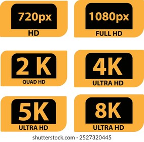 Coleção de ilustração de vetor de ícones HD ultra HD, resolução de vídeo rótulos diferentes botões de definição para elementos vetoriais do site