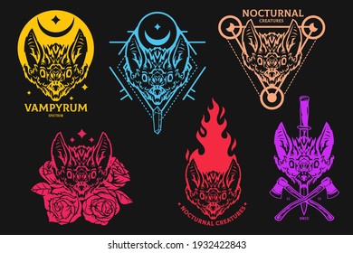 Collection of head bat in hand drawn vintage style isolated on black background. Color design concept art for print, tattoo, sticker, badge. Set of cartoon vector illustration.