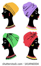 The collection of the head of a cute lady. On the head of an African American girl knitted shawl, turban. Women's profiles are beautiful and stylish. Set of vector illustrations.