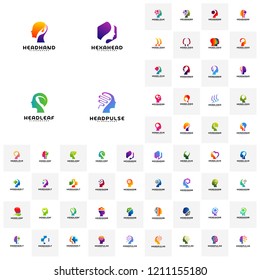 Collection Of Head Intelligence Logo Designs Concept Vector, Head Tech, Colorful Mind, Nature, Heal, Heat Gear, Love, Hexagone, Hand Logo Template Vector