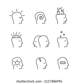 Kollektion von Kopfzeichen mit unterschiedlichem mentalen und emotionalen Zustand. Konzept der Gesundheitsversorgung und der medizinischen Therapie Vektorgrafik-Symbole gesetzt. Psychische Erkrankungen. Psychische Vorbeugung