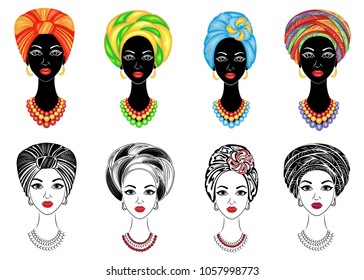 Collection. Head of a sweet lady. A bright shawl, a turban, was fastened on the head of an African-American girl. The woman is beautiful and stylish. Set of vector illustrations.