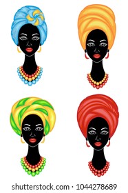 Collection. The head of a sweet lady. On the head of an African-American girl a bright shawl tied up, a turban. The woman is beautiful and stylish. Vector illustration set.