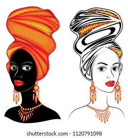 Collection. Head of the sweet lady. On the head of an African-American girl is a bright red scarf and turban. The woman is beautiful and stylish. Vector illustration set.