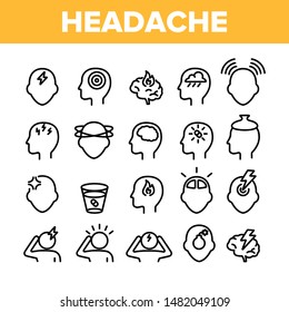 Iconos de Elementos de Cefalea de Colección Establecer Línea Delgada Vector. Migraine Cerebro, Tensión Y Dolor De Cabeza De Grupo Síntoma Pictogramas Lineales. Ilustraciones de contorno monocromo de problemas médicos de la cabeza