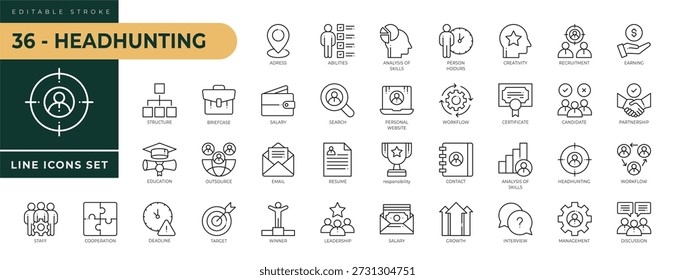 Uma coleção de ícones Headhunt definidos com traço editável, incluindo endereço, habilidades, criatividade, recrutamento, ganho, pesquisa, salário, currículo, fluxo de trabalho, discussão. Ilustração de vetor linear fino