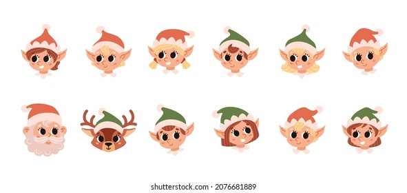 Colección de cabezas de elfos de Navidad, Santa Claus y ciervos. Santa Claus ayuda. Carácter vector de corte. La cara festiva está aislada en un fondo blanco.