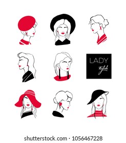 Collection of heads or faces of stylish lady with elegant hairstyles wearing various hats and earrings. Set of stylized outline portraits of young woman with trendy accessories. Vector illustration.