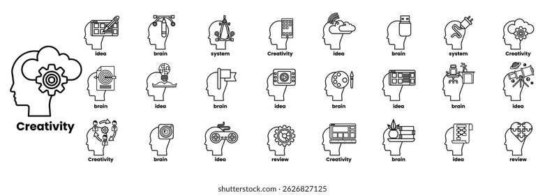 A collection of heads with the word creativity written below them in line drawing style