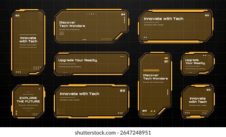 Verzameling van heads-up display vector grafische elementen met tekst. Futuristische GUI-interface voor digitaal product- of gameontwerp.