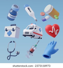 Collection of Health care and hospital 3d icon, emergency service, Medical rescue service concept. Eps 10 Vector.