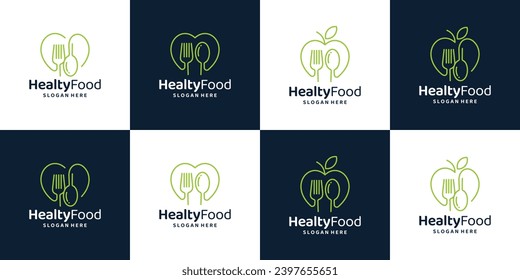 Collection of health food logo design template. heart love logo with leaf fork design graphic vector. Symbol, icon, creative.