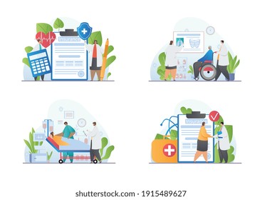 Collection of health insurance abstract concepts. People enter into health insurance contracts and receive healthcare and medical services. Set of isolated flat cartoon vector illustrations