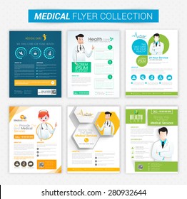 Collection of Health and Medical flyers and banners decorated with illustration of doctor.