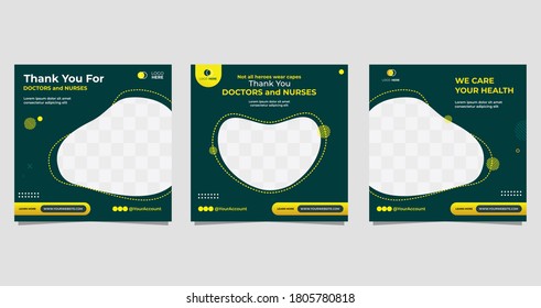 Collection Of Health Social Media Post Templates With Green And Yellow Background. Suitable For Medical Concept, Not All Heroes Wear Capes