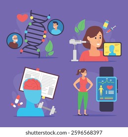 Collection of health themes, including DNA research, medical technology, fitness tracking, and personal health assessments. Modern approaches to well-being in everyday life concept