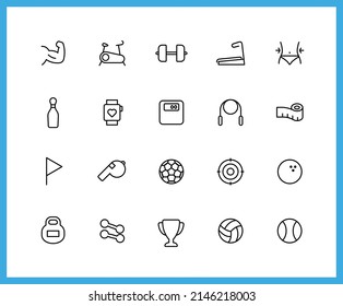 Collection of Health and workout color icons. Set of PT, Fit symbols drawn with thin contour lines. Vector illustration.