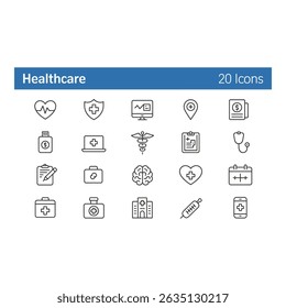 Collection of healthcare icons. Perfect for websites and graphic design related to medicine. Set of clean modern vector designs in black and white.