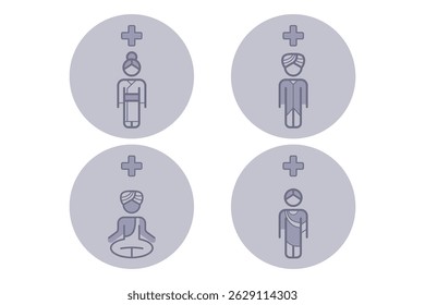 Collection of healthcare icons representing diverse figures in traditional attire. Cultural inclusivity within medical field concept
