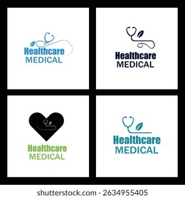 Collection of healthcare and medical logo designs featuring stethoscopes and leaves, symbolizing health, nature, and medical services in a modern style.