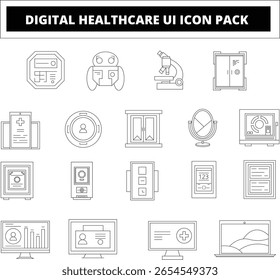 Collection of healthcare UI icons, including medical devices, technology interfaces, and hospital related objects.