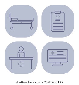 Collection of health-related icons with hospital bed, medical chart, healthcare worker at desk, and monitor displaying health information